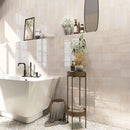 Marza pearl 4x12 glossy ceramic subway wall tile NMARPEA4X12G product shot bathroom shelf view