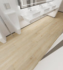 SPC Vinyl Rigid Core 7" Width 60" RL, 6mm Thick, 1.5mm IXPE Mesa Tan Invicta Floors - Mazzia Collection Product shoot washroom view