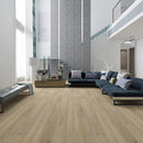 SPC Vinyl Rigid Core 7" Width 60" RL, 6mm Thick, 1.5mm IXPE Mesa Tan Invicta Floors - Mazzia Collection Product shoot Hall view 