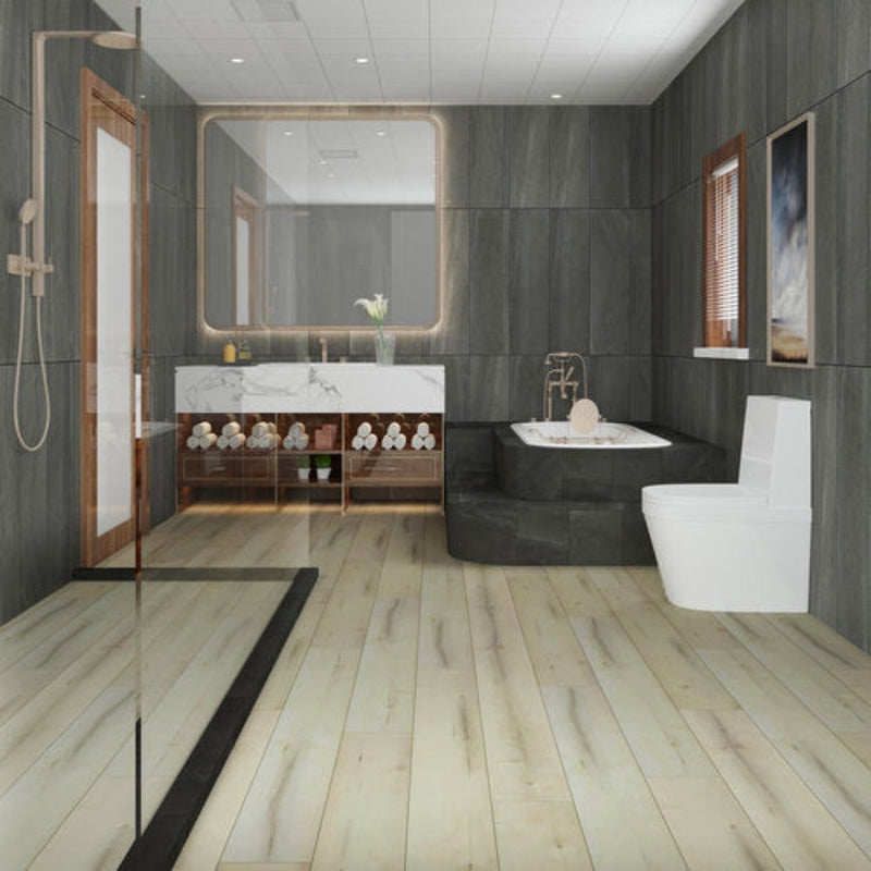 WPC Vinyl Rigid Core 7" Width 48" RL 8.5mm Thick, 1.5mm IXPE Mineral White Bermuda Floors - Mazzia Collection bathroom view