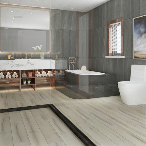 WPC Vinyl Rigid Core 7" Width 48" RL 8.5mm Thick, 1.5mm IXPE Mineral White Bermuda Floors - Mazzia Collection bathroom view 2