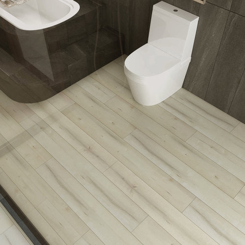 WPC Vinyl Rigid Core 7" Width 48" RL 8.5mm Thick, 1.5mm IXPE Mineral White Bermuda Floors - Mazzia Collection bathroom view 3