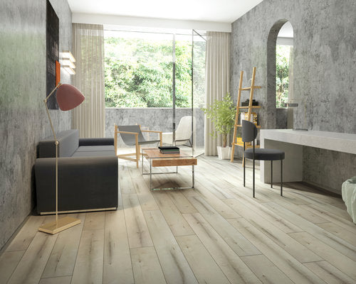 WPC Vinyl Rigid Core 7" Width 48" RL 8.5mm Thick, 1.5mm IXPE Mineral White Bermuda Floors - Mazzia Collection living room view 2