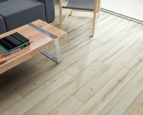 WPC Vinyl Rigid Core 7" Width 48" RL 8.5mm Thick, 1.5mm IXPE Mineral White Bermuda Floors - Mazzia Collection living room view 