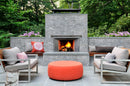 Moon Grey Ledger 3D Panel 6"x24" Natural Marble Wall Tile - Full Truckload   Honed installed around outdoor fireplace surround and walls red round coffee table and gray metal chairs wide view
