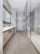 SPC Vinyl Rigid Core 7" Width 60" RL, 6mm Thick, 1.5mm IXPE Mystic Haze Invicta Floors - Mazzia Collection Product shoot Wash room view
