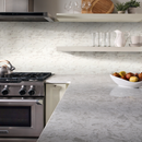 Pietra Carrara 12"x12" Polished Porcelain Mesh-Mounted Mosaic Tile room shot kitchen view