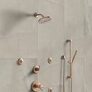 Bronze shower system mounted on a tiled wall