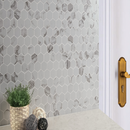 Pietra Statuario 12"x12" Matte 2" Hexagon Porcelain Mesh-Mounted Mosaic Tile room shot bathroom view 5