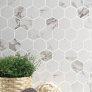 Pietra Statuario 12"x12" Matte 2" Hexagon Porcelain Mesh-Mounted Mosaic Tile room shot bathroom view 4