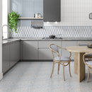 Lonte Snow White Foster Honed 13 3/16"x11" Baby Picket Marble Mosaic room shot kitchen view