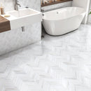 White Dolomiti 10 3/8"x12" Classic Honed Hexagon Marble Mosaic room shot bathroom view 2