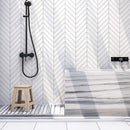 Chevron Winslow White 13"x10" Polished Marble Waterjet Decos room shot bathroom view 2