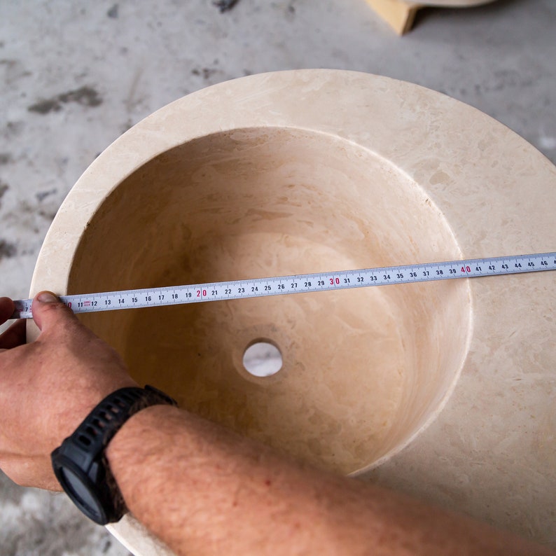 Natural stone light beige travertine round sink honed d18 h8 SPNSLBTS33 product shot measure view 3