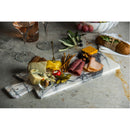 New York genuine white marble serving board charcutorie platter product shot walnut, cheese and salami pickles olives on top