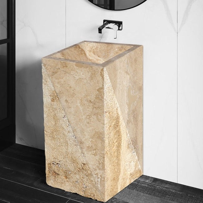 Walnut Travertine Pedestal Stand-alone Rectangular Prism Sink Honed (W)14" (L)21.5" (H)33.5" installed bathroom black floor tiles and white wall tiles with chrome wall-mount faucet