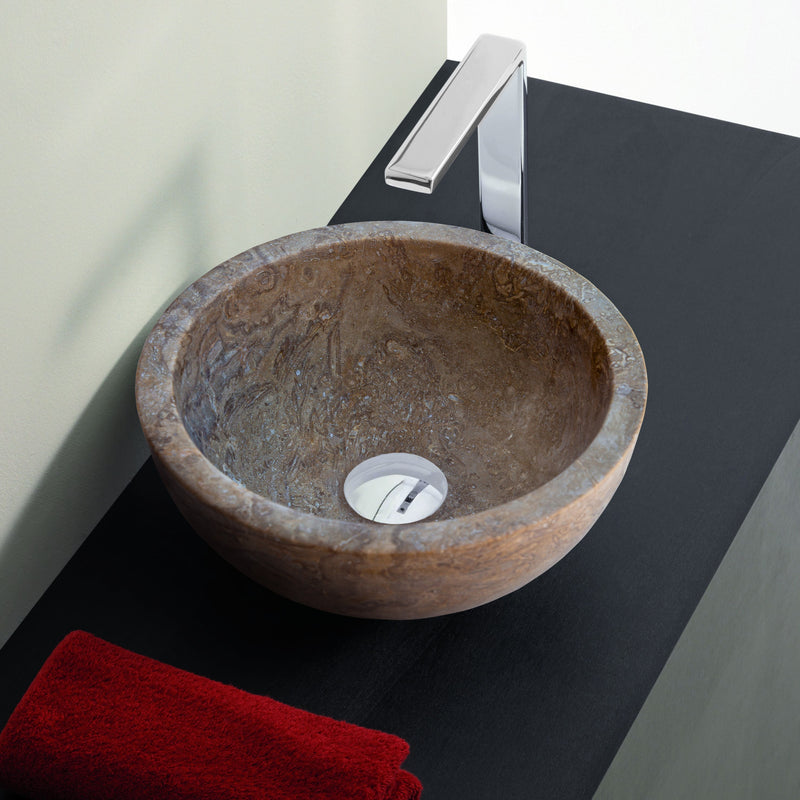 Noce Brown Travertine Natural Stone Round Above Vanity Bathroom Sink (D)12.5" (H)6" installed bathroom above black vanity and red towel on vanity