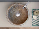 Noce Brown Travertine Natural Stone Round Above Vanity Bathroom Sink (D)12.5" (H)6" bathroom view top view chrome faucet green bathroom organizer soap inside