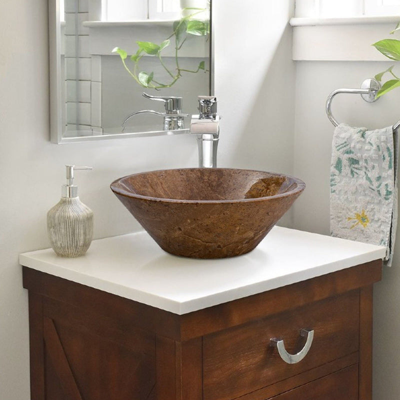 Noce Brown Travertine Powder Room Above Vanity V-Shape Tapered Sink (D)16" (H)6" installed powder room above white vanity