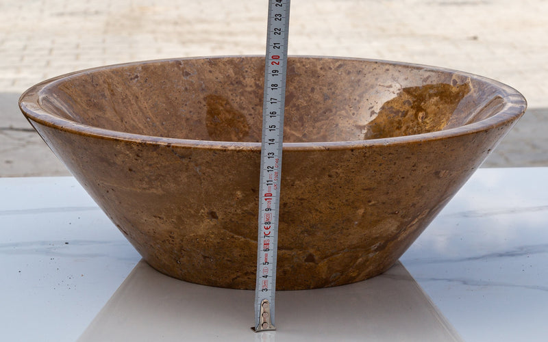 Noce Brown Travertine Powder Room Above Vanity V-Shape Tapered Sink (D)16" (H)6" side measure view