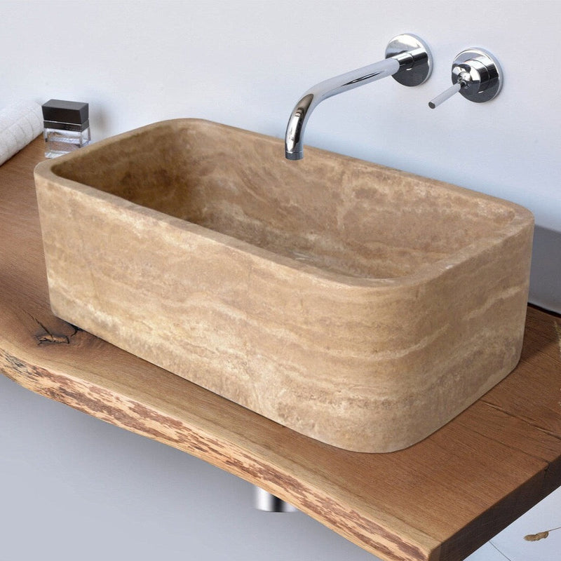 Noce Brown Travertine Farmhouse Hand-carved Apron Kitchen Sink (W)18" (L)30" (H)10" installed above living edge bathroom vanity