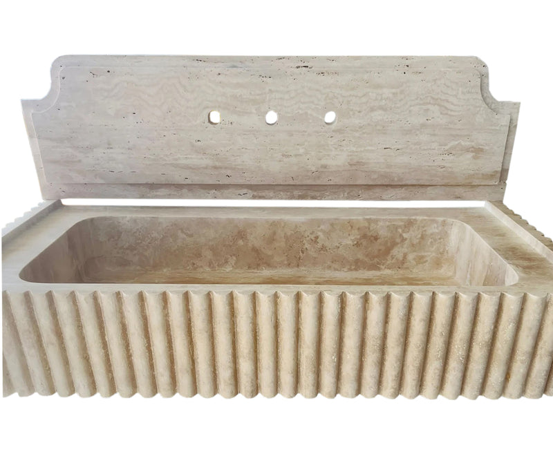 Oasis Beige Travertine Wall-mount Bathroom Vanity Sink Fluted (W)16" (L)36" (H)6" with 10" Backsplash front view