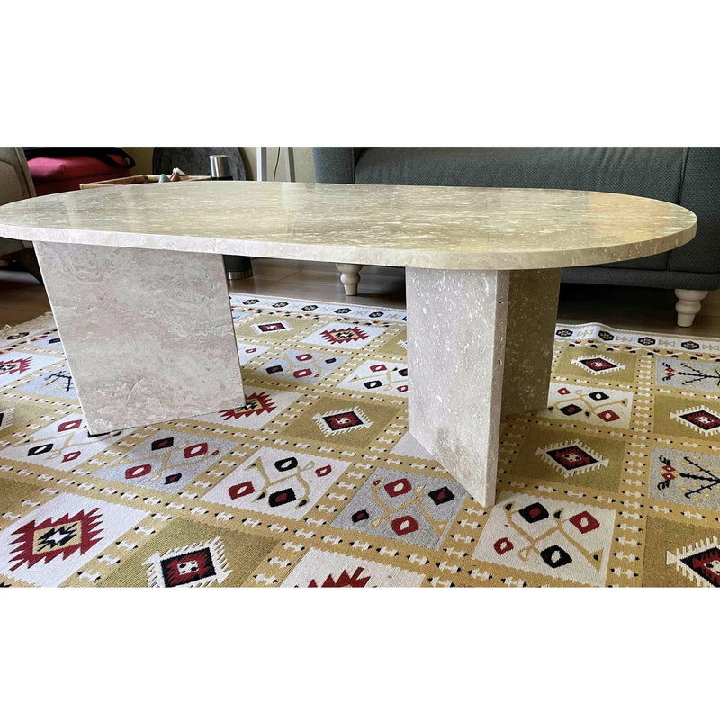 Oval shape coffee table travertine filled polished angle view