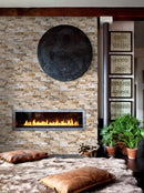 Philadelphia Ledger 3D Panel 6"x24" Natural Travertine Wall Tile - Full Truckload Honed installed indoor wall around fireplace wide view