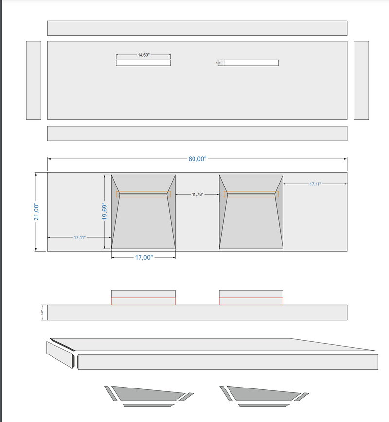 Imperial White Marble Double Sink Above Vanity Wall-mount Bathroom Sink (W)21" (L)80" (H)8" installed bathroom with modern wall-mount faucets Led lighting from floor under vanity wide technical drawing