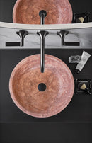 Red Travertine Natural Stone Round Above Vanity Bathroom Sink Honed/Matte (D)16" (H)6" bathroom view shaving brush lotion and black widespread wall mount faucet