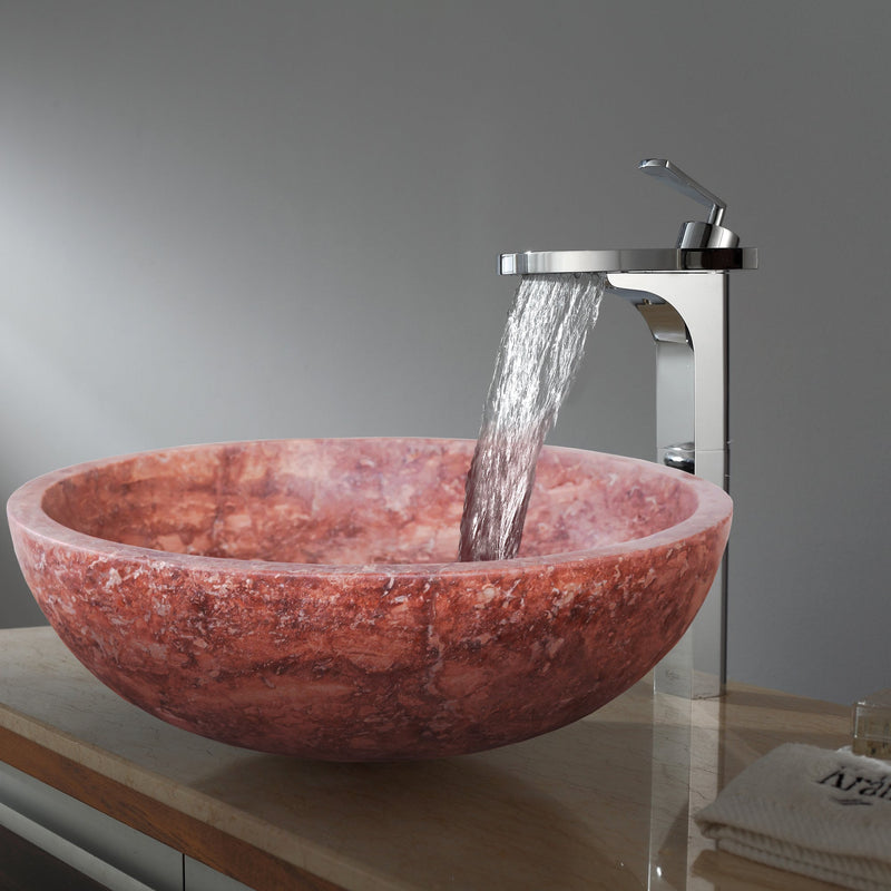 Red Travertine Natural Stone Round Above Vanity Bathroom Sink Honed/Matte (D)16" (H)6" installed to a modern bathroom chrome modern faucet