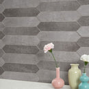 Renzo storm pickett 2.5x13 glossy ceramic gray wall tile NRENSTOPIC2.5X13 product shot multiple tiles living room wall view 1Renzo storm pickett 2.5x13 glossy ceramic gray wall tile NRENSTOPIC2.5X13 product shot multiple tiles living room wall view 3