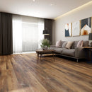 Rigid core vinyl planks 7x59 SPC island brown 5.2mm 20mil wear layer 1520309 installed on a modern living room floor