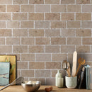 Riverbed Walnut Travertine Tumbled Floor Wall Tile 4x8 installed backsplash closeup