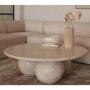Round designer coffee table travertine filled polished D36 3 sphere legs