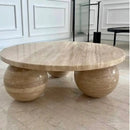 Light Travertine Designer Round Coffee Table with Sphere Legs