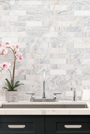 Capri Blue 11.81"x11.81" Subway Honed Marble Mosaic Tile room shot bathroom basin view 3