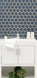 Vague Blue Hexagon 12.13"x10.51" Glass Mesh-Mounted Mosaic Tile room shot bathroom view 3