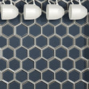 Vague Blue Hexagon 12.13"x10.51" Glass Mesh-Mounted Mosaic Tile room shot kitchen view 5