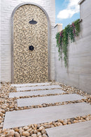 Mix marble pebbles 11.42X11.42 tumbled marble mesh mounted mosaic tile SMOT-PEB-MIXMAR outdoor view
