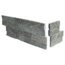Sage green splitface ledger corner 6X18 natural quartzite wall tile LPNLQSAGGRN618COR product shot multiple tiles angle view