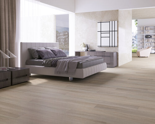 WPC Vinyl Rigid Core 7" Width 60" RL, 9.5mm Thick, 1.5mm IXPE Satin Beige Domaine Floors - Mazzia Collection bedroom view