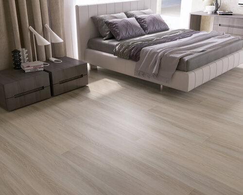WPC Vinyl Rigid Core 7" Width 60" RL, 9.5mm Thick, 1.5mm IXPE Satin Beige Domaine Floors - Mazzia Collection bedroom view 4