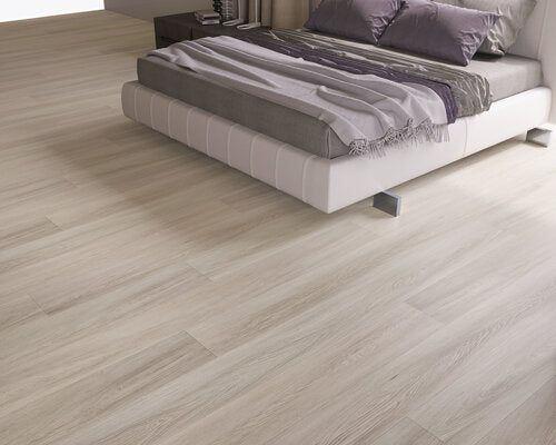 WPC Vinyl Rigid Core 7" Width 60" RL, 9.5mm Thick, 1.5mm IXPE Satin Beige Domaine Floors - Mazzia Collection bedroom view 5