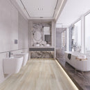 WPC Vinyl Rigid Core 7" Width 60" RL, 9.5mm Thick, 1.5mm IXPE Satin Beige Domaine Floors - Mazzia Collection bathroom view