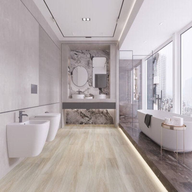 WPC Vinyl Rigid Core 7" Width 60" RL, 9.5mm Thick, 1.5mm IXPE Satin Beige Domaine Floors - Mazzia Collection bathroom view