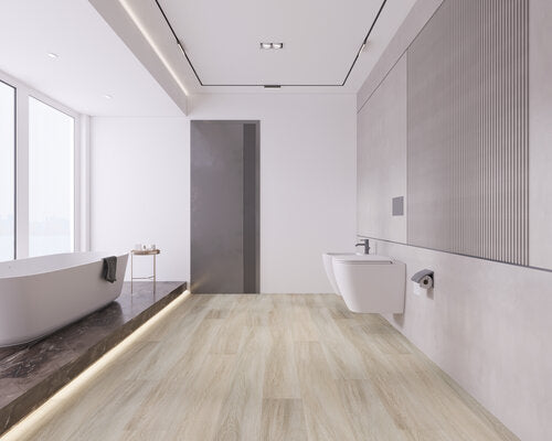 WPC Vinyl Rigid Core 7" Width 60" RL, 9.5mm Thick, 1.5mm IXPE Satin Beige Domaine Floors - Mazzia Collection bathroom view 2