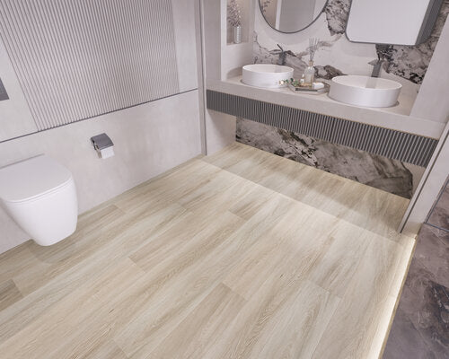 WPC Vinyl Rigid Core 7" Width 60" RL, 9.5mm Thick, 1.5mm IXPE Satin Beige Domaine Floors - Mazzia Collection bathroom view 3