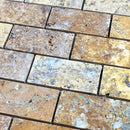 Scabos Travertine 2"x4" Brick Honed on 12" x 12" Mesh Mosaic Tile