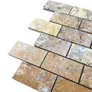 Scabos Travertine 2"x4" Brick Honed on 12" x 12" Mesh Mosaic Tile